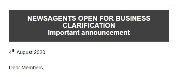 IMPORTANT ANNOUNCEMENT: NEWSAGENTS OPEN FOR BUSINESS CLARIFICATION