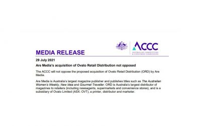 MEDIA RELEASE – Are Media’s acquisition of Ovato Retail Distribution not opposed