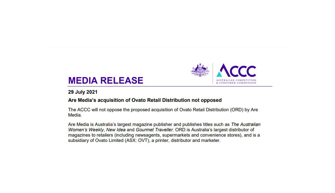 MEDIA RELEASE – Are Media’s acquisition of Ovato Retail Distribution not opposed